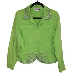 VTG Christine‎ Alexander Green Rhinestone Embellished Denim Jacket Large Bling
